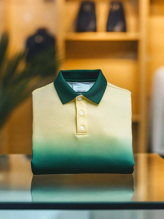 Men's Business Casual Yellow Green Gradient Logo Button Short Sleeve Polo Shirt