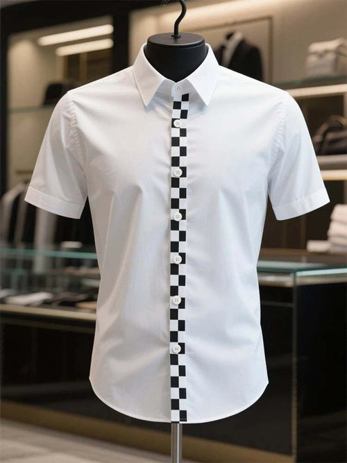 Men's Business Casual Checkerboard Logo Lapel Short Sleeve Shirt