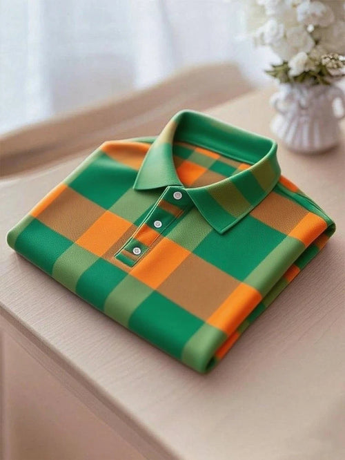 Men's Business Casual Orange and Green Plaid Logo Button Short Sleeve Polo Shirt