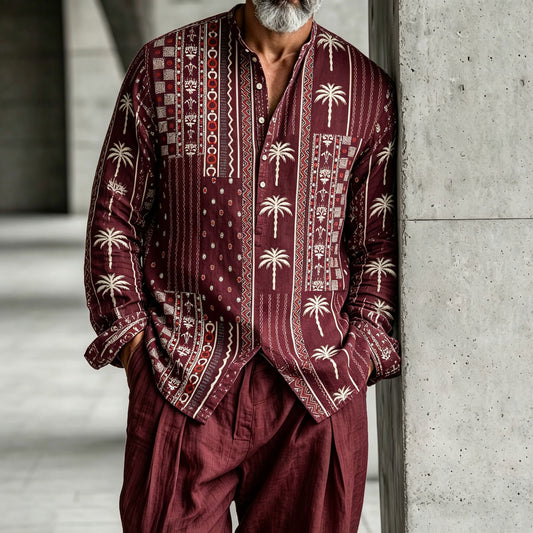 Men's Burgundy Stand-Collar Half-Open Henley Shirt and Pants