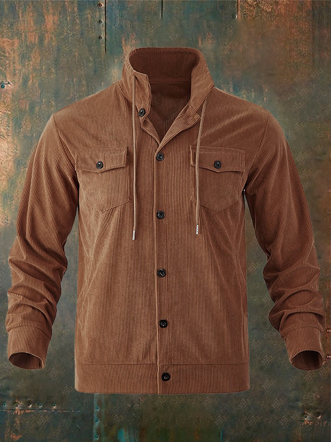 Men's Jacquard Stand Collar Solid Color Retro Multi-Pocket Jacket