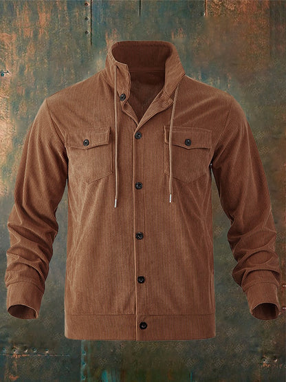 Men's Jacquard Stand Collar Solid Color Retro Multi-Pocket Jacket