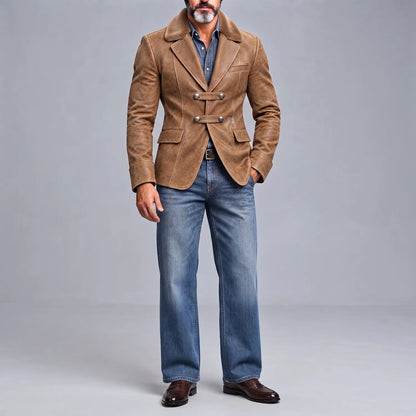 Men's Camel PU Leather Contrast Fuzzy Collar Double Breasted Slim Fit Vintage Blazer