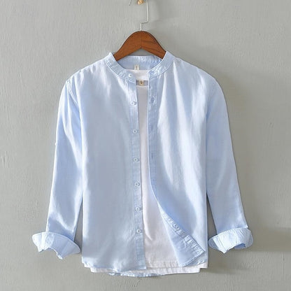 Men's Shirt Linen Shirt Casual Shirt Button Up Shirt Cotton Shirt Plain Vacation Hawaiian White Navy Blue Khaki Gray Long-Sleeve Band Collar Spring Fall Clothing Apparel Button-Down