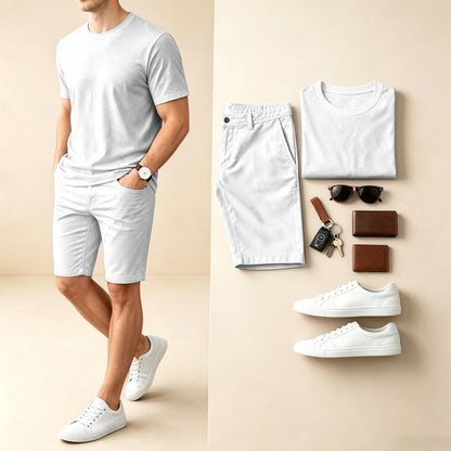 Men's Casual Solid-Color Crew-Neck Short-Sleeve T-Shirt And Shorts Two-Piece Set