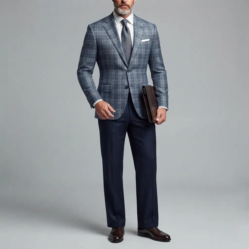 Men's Classic Formal Plaid Notched Lapel Two Button Long Sleeve Blazer
