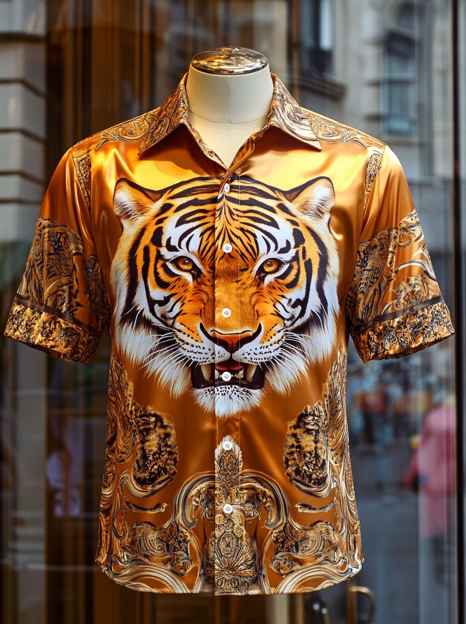 Men's Satin Luxury Business Striped Short Sleeve Button Shirt