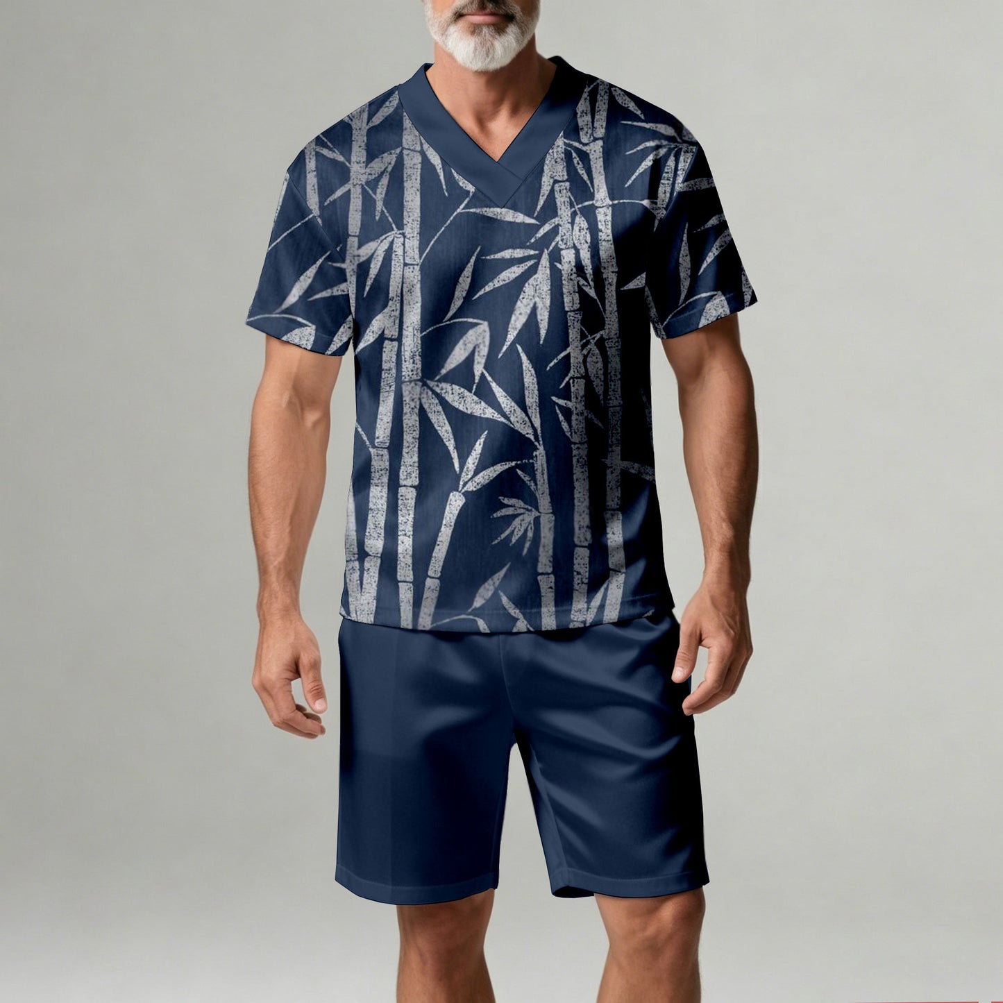 Men's Casual Dark Blue Bamboo Geometric Print V-Neck Short-Sleeve T-Shirt And Shorts Two-Piece Set
