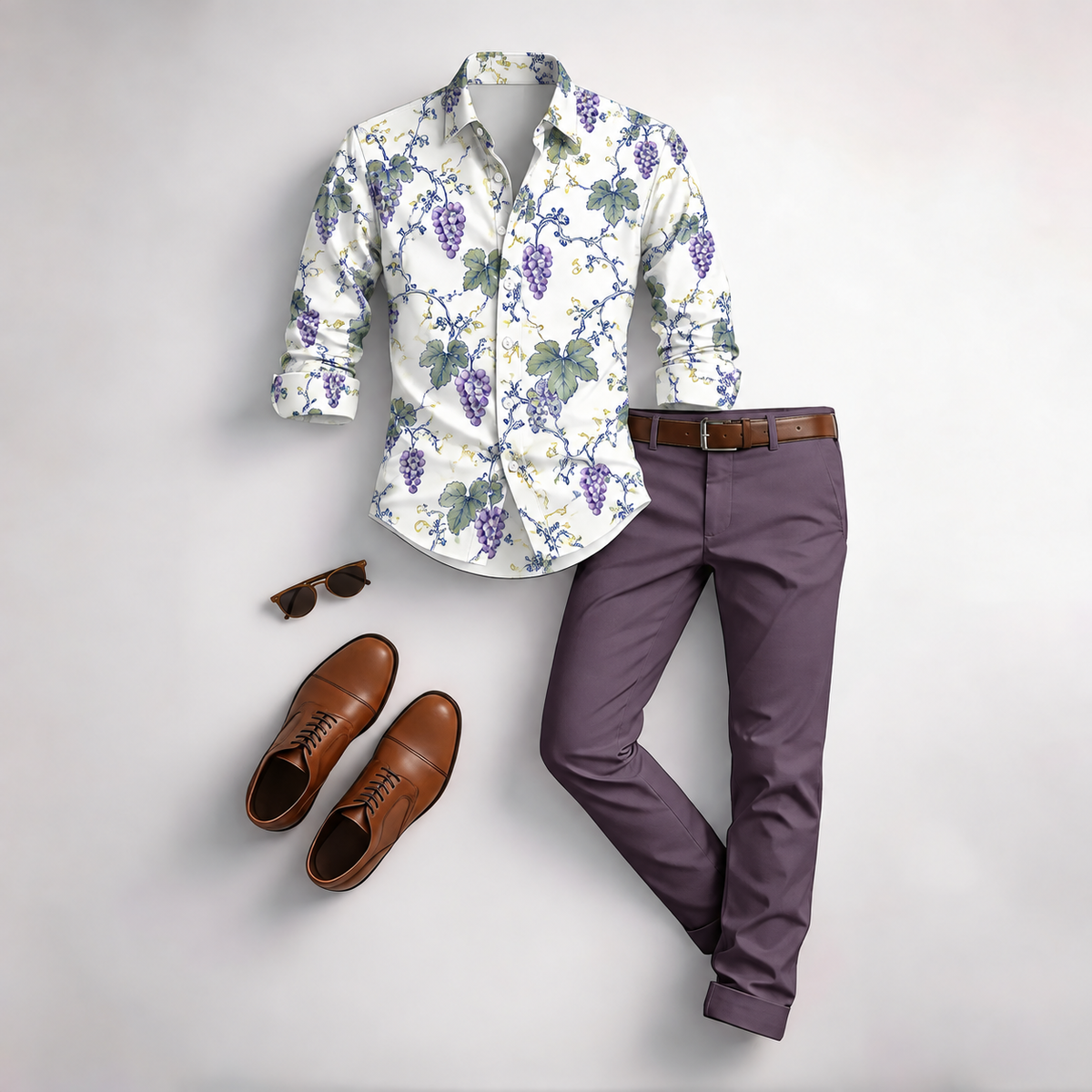 Men's Vintage Floral Print Long-Sleeve Shirt and Pants Set