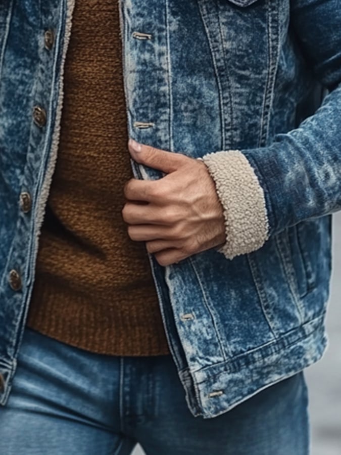Men'S Vintage Distressed Lambswool Casual Denim Jacket