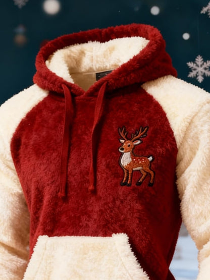 Men'S Plush Warm Color-Blocked Christmas Hooded Sweatshirt