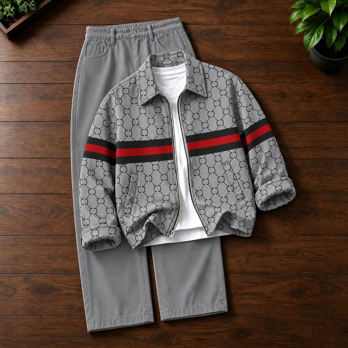 Men's Printed Lapel-Collar Zip-Up Cardigan and Pants Set