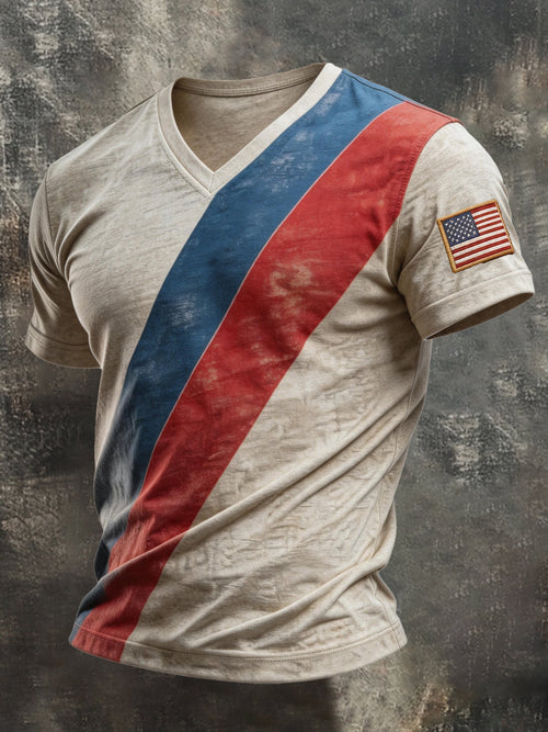 Men's Retro Patriotic Color-Block V-Neck Short-Sleeve T-Shirt