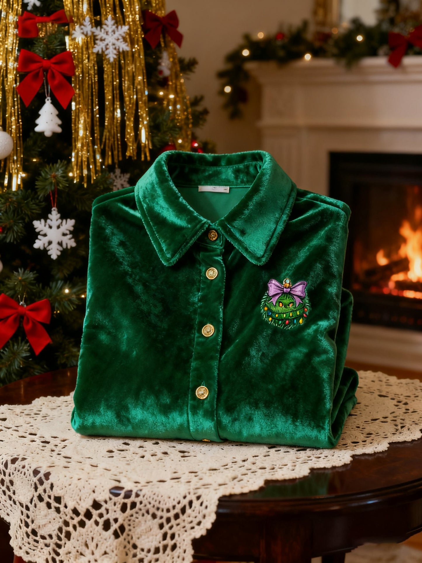 Men's Christmas Velvet Logo Casual Long Sleeve Shirt