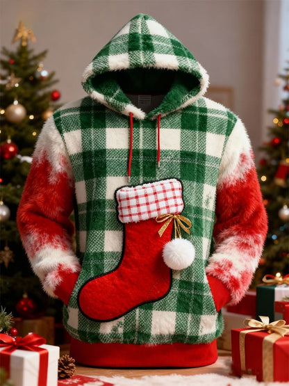 Men's Casual Christmas Print Flannel Hooded Sweatshirt