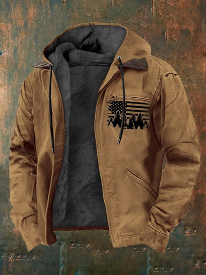 Men's Vintage Fleece Western Flag Elk Print Zip-Up Jacket