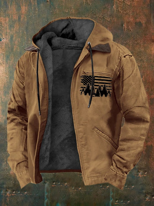 Men's Vintage Fleece Western Flag Elk Print Zip-Up Jacket