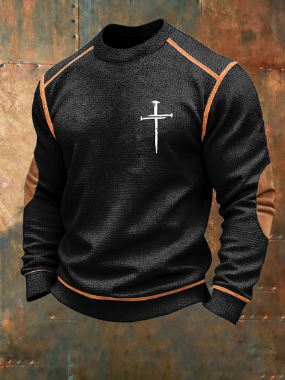 Men's Vintage Faith Cross Print Waffle Crew Neck Sweatshirt