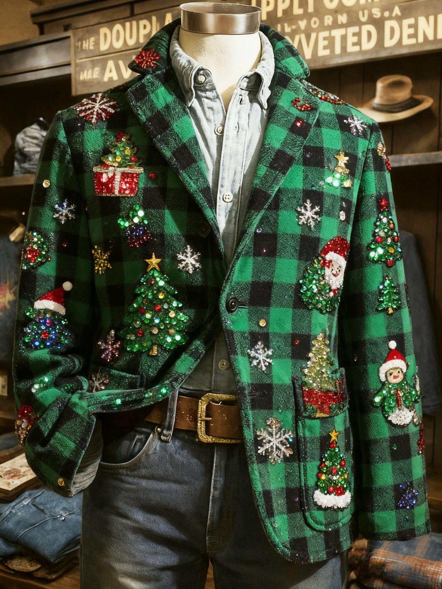 Vintage Christmas Santa Reindeer Snowflakes Print Casual Jacket