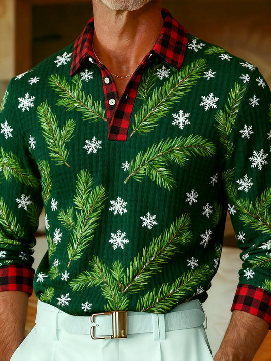 Men's Casual Christmas Party Waffle Knit Long-Sleeve Polo Shirt