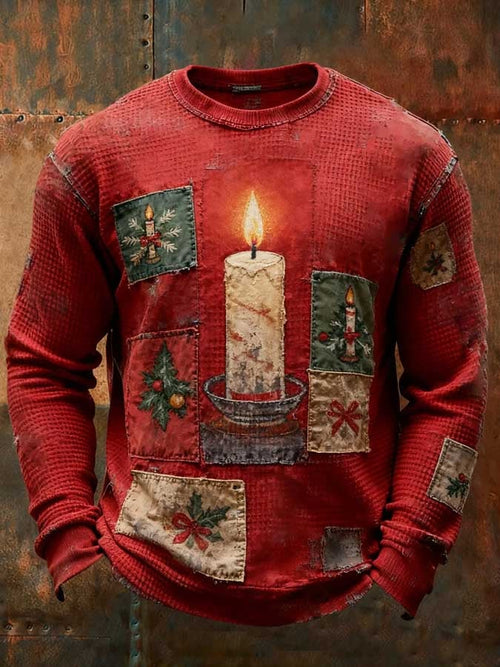 Men's Christmas Printed Design Waffle Fabric Long Sleeve T-Shirt