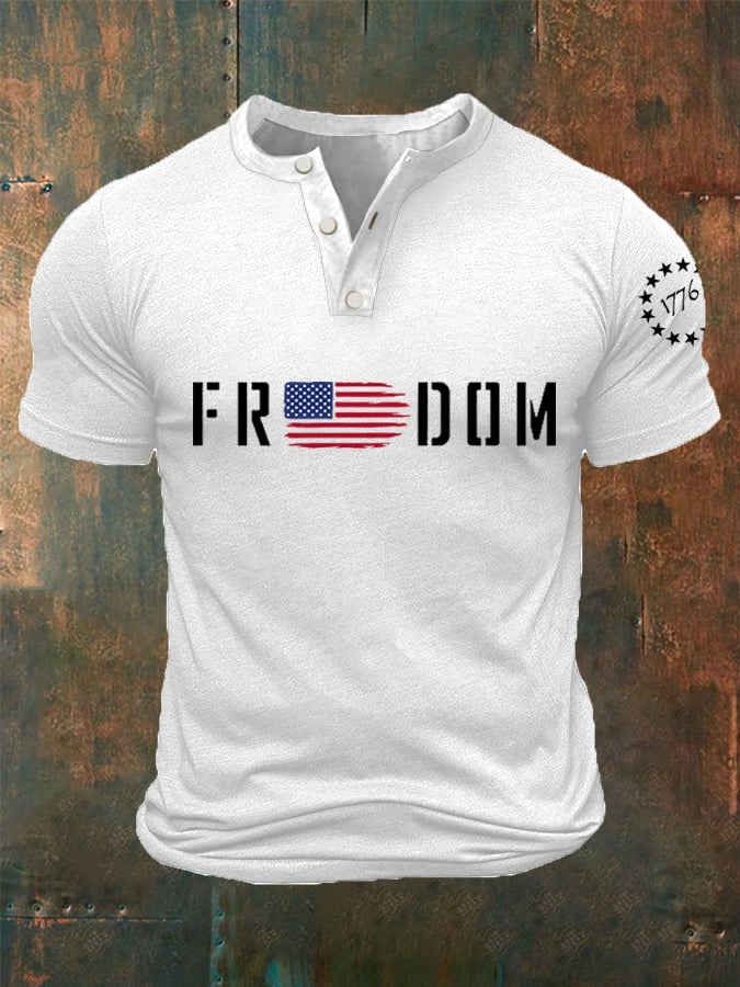 Men's Freedom1776 American Flag Independence Day Buttons Neck Top