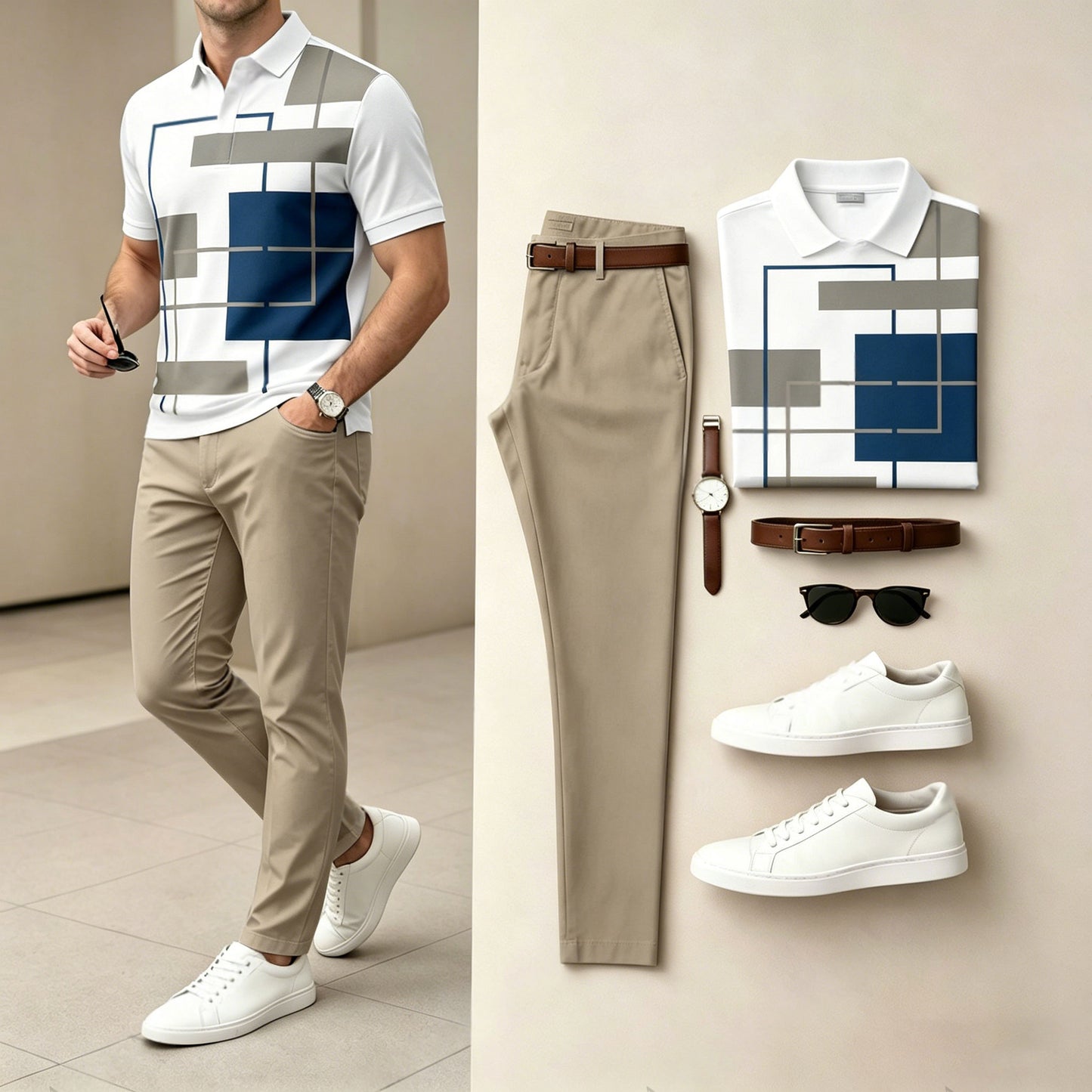 Men's Casual Navy Blue Geometric Printed Polo Shirt And Pants Two-Piece Set
