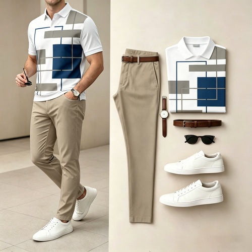 Men's Casual Navy Blue Geometric Printed Polo Shirt And Pants Two-Piece Set