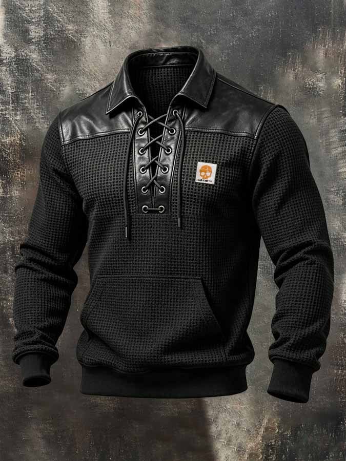 Men's Retro Waffle-Knit & Leather-Panel Lace-Up Collar Sweatshirt
