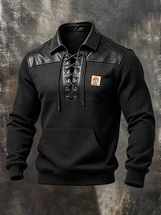 Men's Retro Waffle-Knit & Leather-Panel Lace-Up Collar Sweatshirt