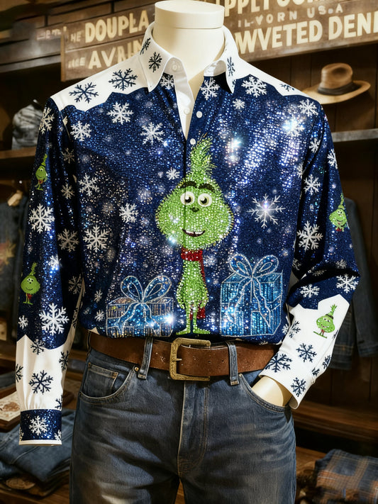 Men's Business Christmas Green Print Long-Sleeve Shirt