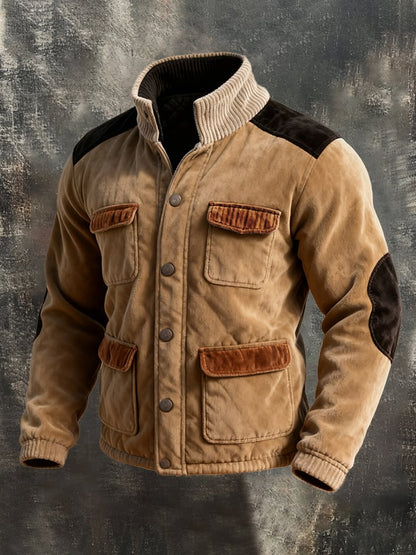 Men's Retro Stitching Contrast Color Multi-Pocket Stand Collar Casual Jacket