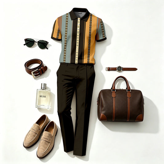 Men's Casual Striped Two-Tone Print Short-Sleeve Polo Shirt and Pants Two-Piece Set (Does Not Include Accessories Such As Watches Or Glasses)