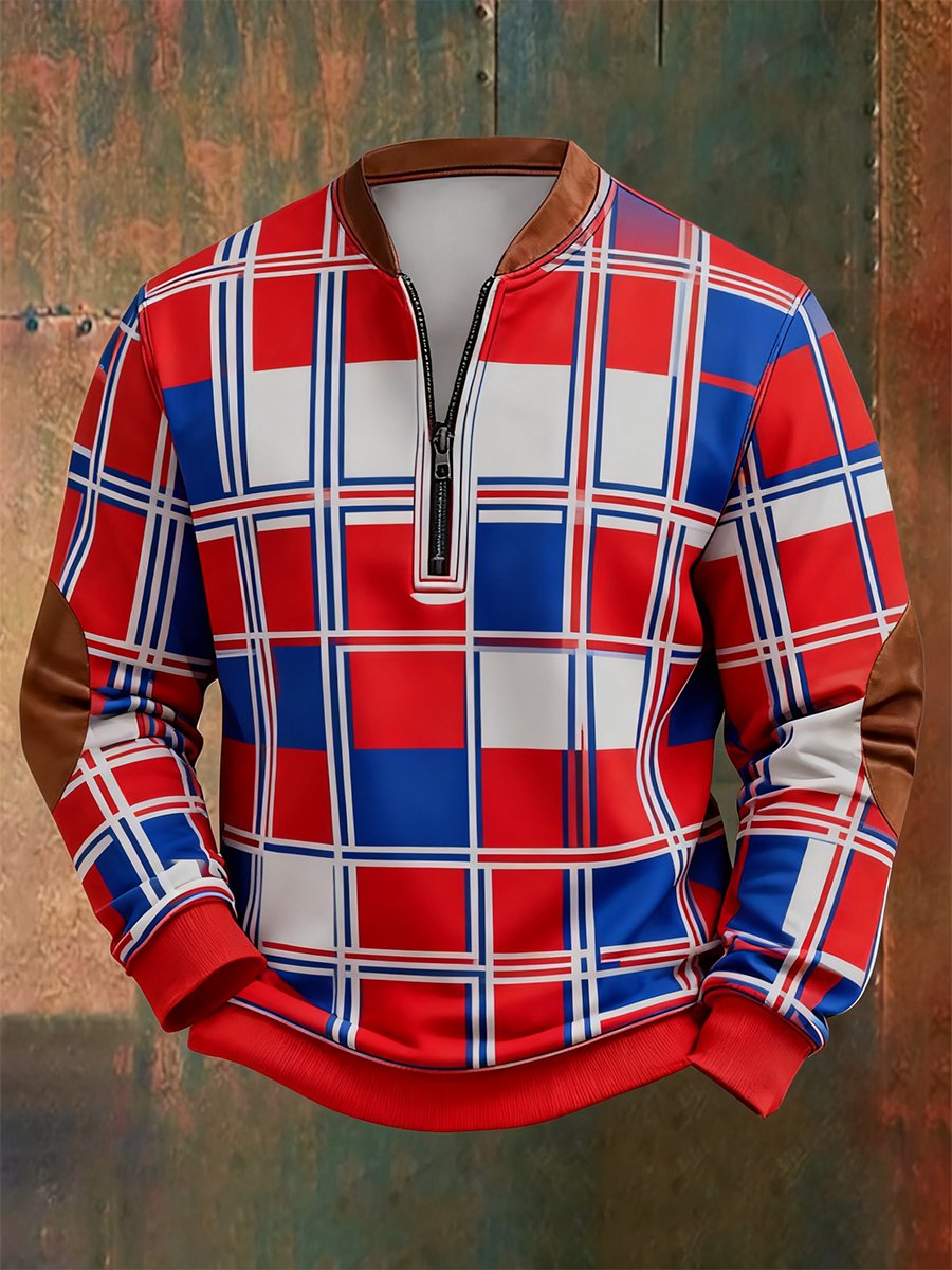 Men's Retro Bauhaus Geometric Style Print Quarter Zip Sweatshirt
