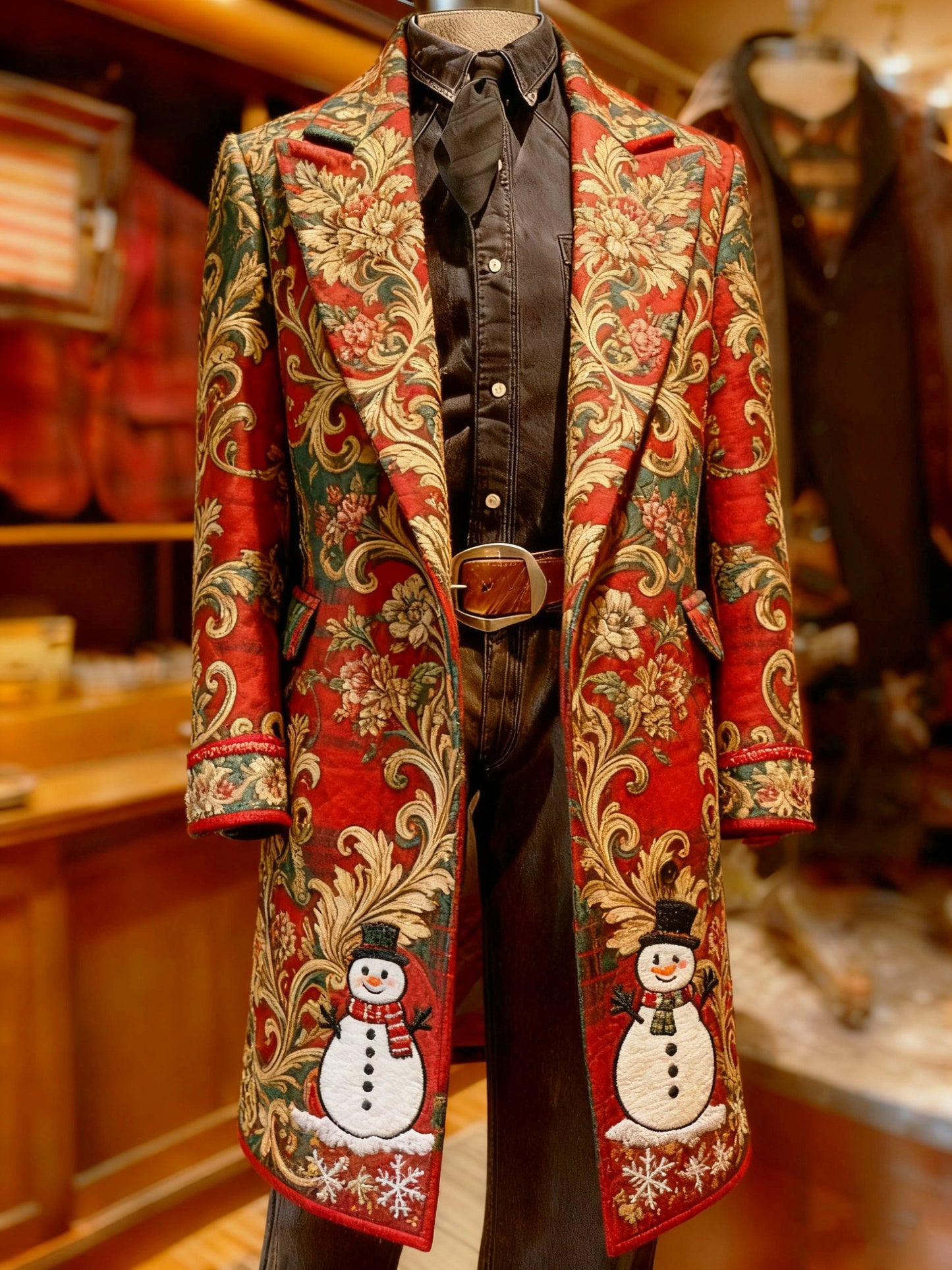 Men's Business Reindeer Christmas Snowman Tree Snowflakes Santa Long Wool Coat