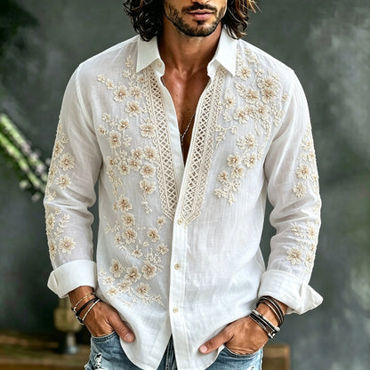 Men's Vintage Floral Embroidered Art Long Sleeve Shirt
