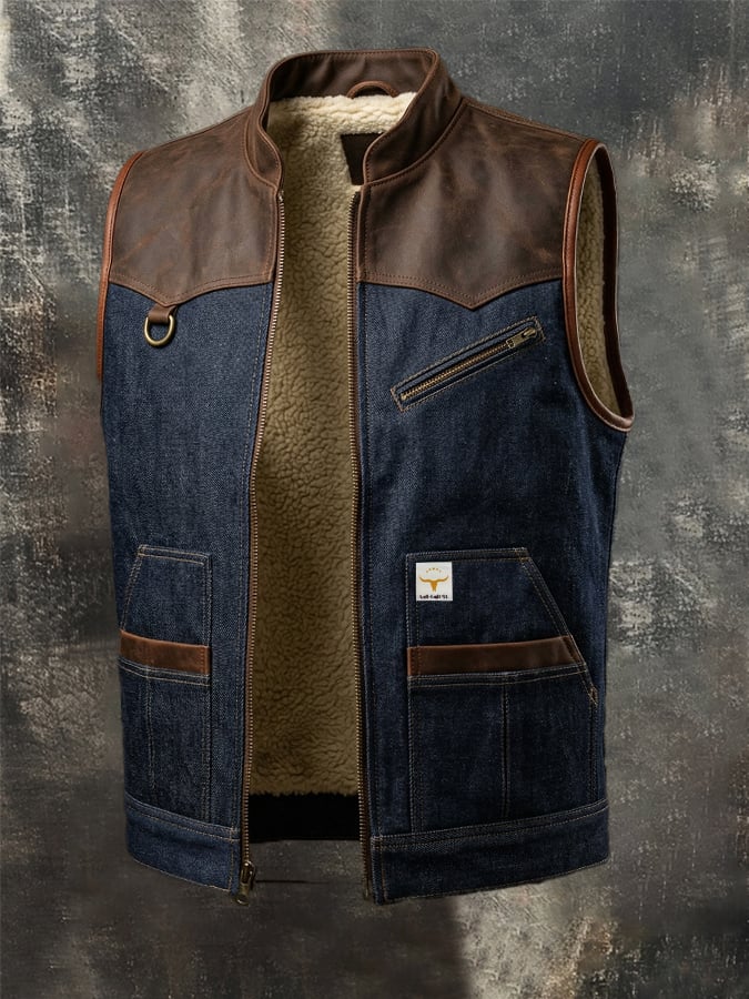 Men's vintage distressed denim-panelled vest with multiple pockets