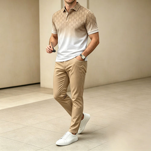 Men's Casual Khaki Gradient Printed Polo Shirt And Pants Two-Piece Set