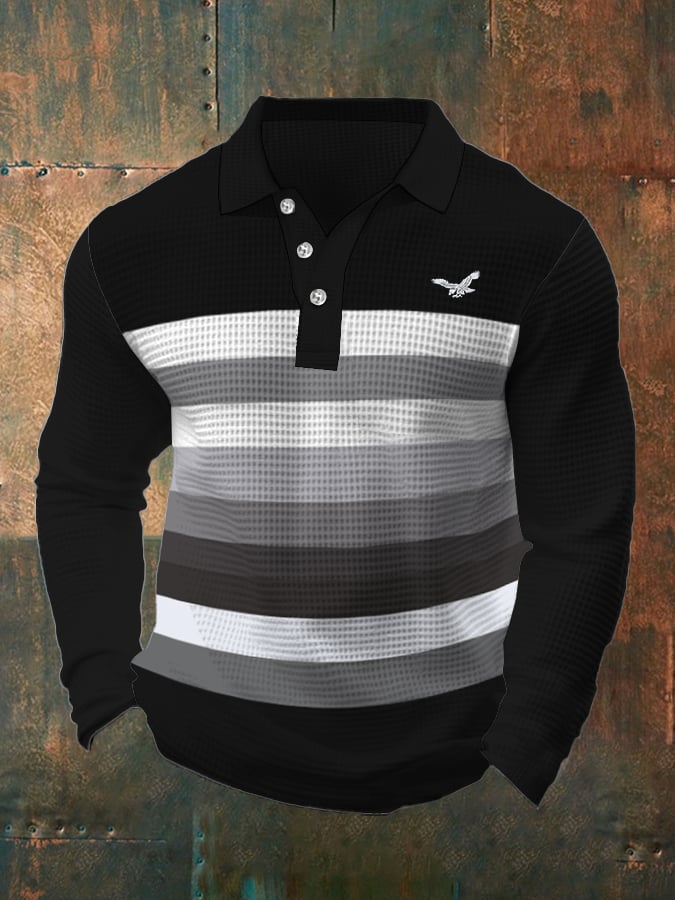 Men's Business Casual Waffle Fabric Long Sleeve Polo Shirt