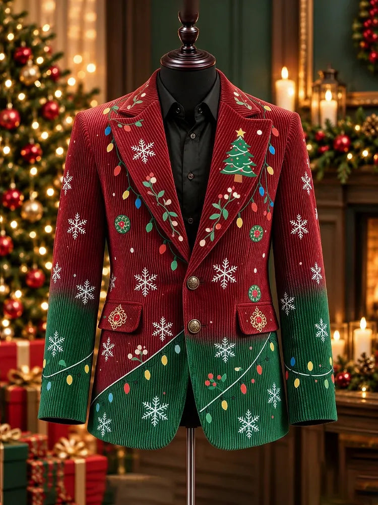 Men's Christmas Gradient Christmas Tree Snowflake String Light Corduroy Casual Blazer