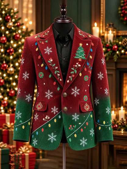 Men's Christmas Gradient Christmas Tree Snowflake String Light Corduroy Casual Blazer