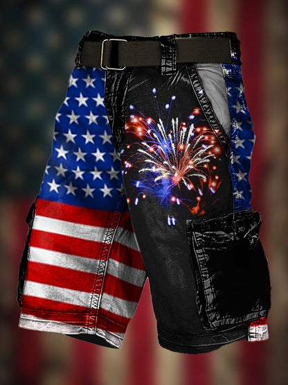 Men's Vintage Flag Independence Day Multi-Pocket Print Cargo Shorts (B