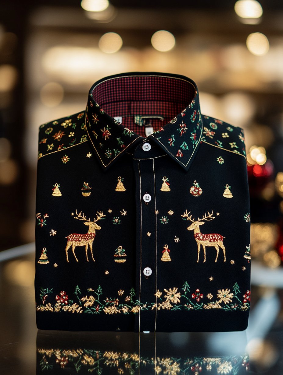 Men's Retro Christmas Print Santa Gifts Elk Long Sleeve Shirt
