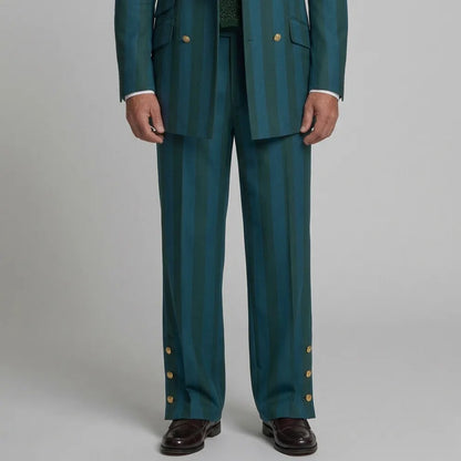 Men's Teal Contrast Striped Print Side Buttons High Waist Wide Leg Suit Pants