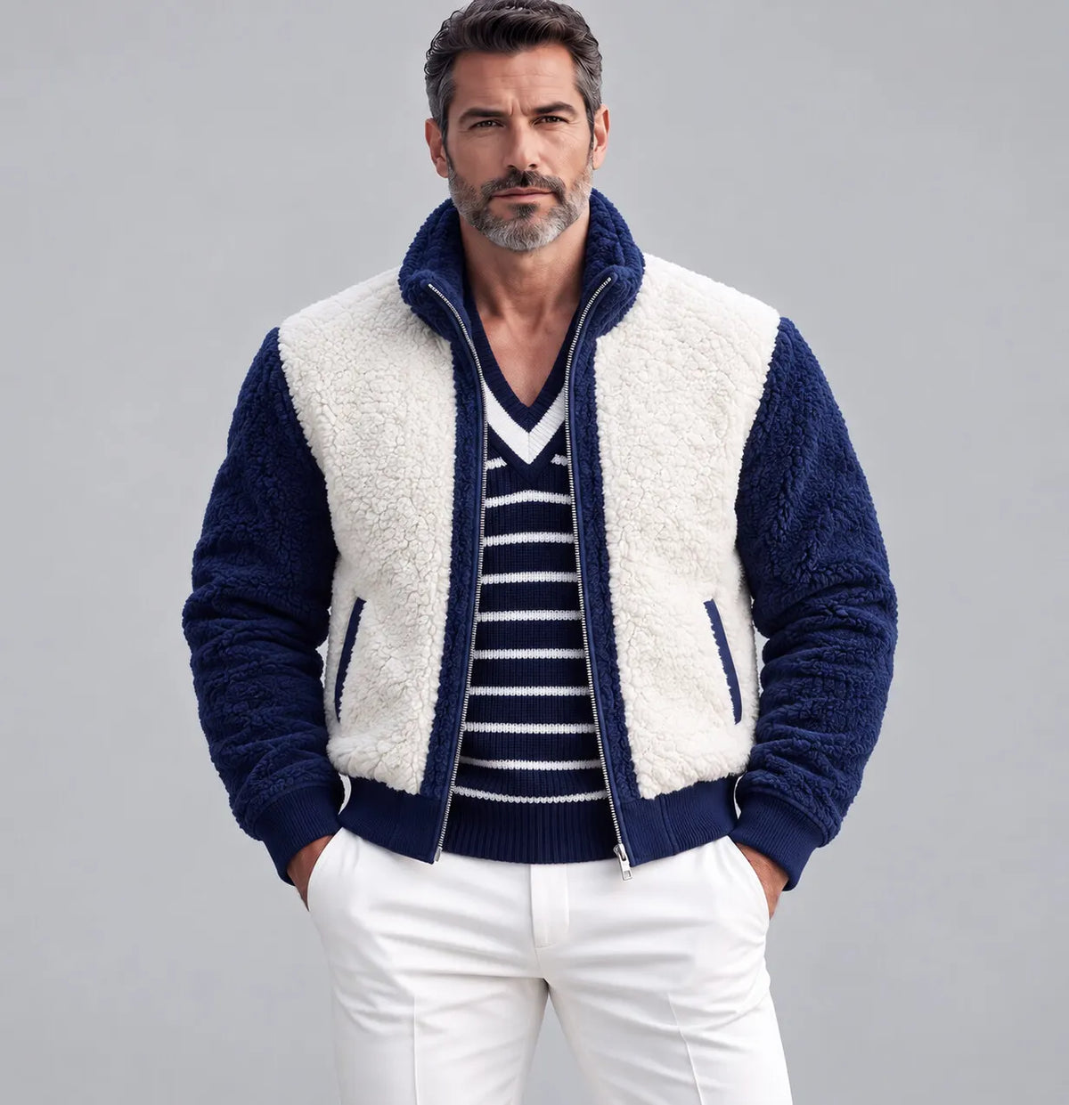 Men's Casual Color Block Stand Collar Slant Pockets Sherpa Fleece Zipper Jacket