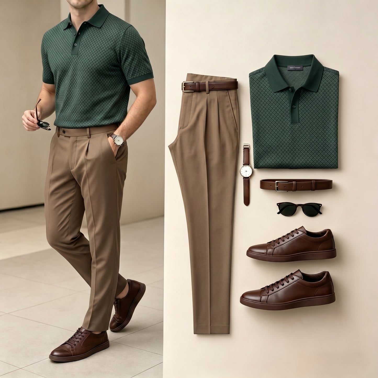 Men's Green Color Leisure Short Sleeved Polo Shirt & Pants Two-Piece Set
