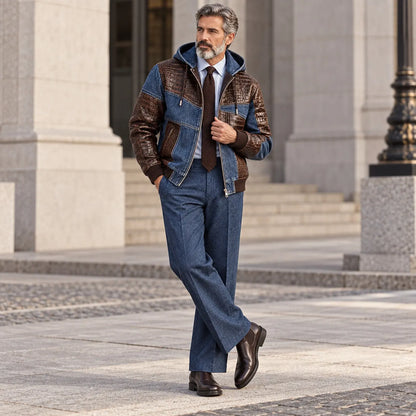 Men's Vintage Denim PU Leather Patchwork Hooded Zipper Bomber Jacket