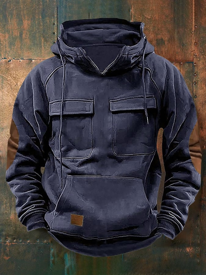 Men's Retro Western Multi-Pocket Drawstring Sweatshirt