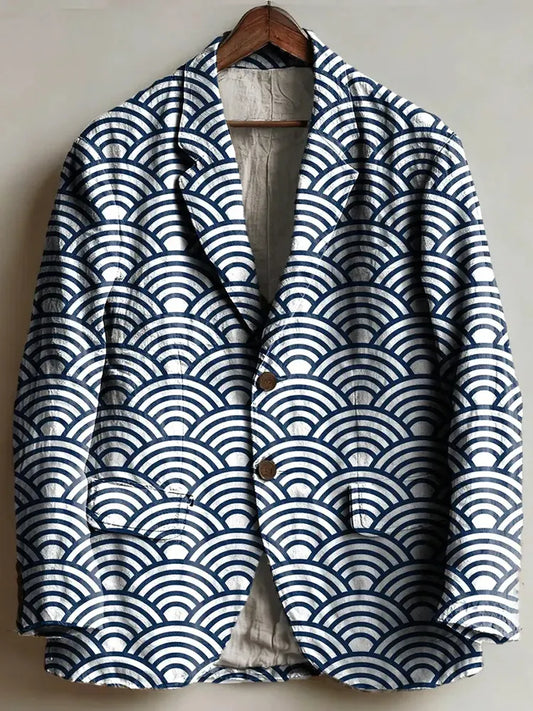 Men's Japanese Art Large Blue Wave Pattern Print Blazer