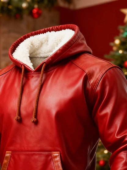 Men's Red Leather Panel Christmas Zip-Up Hoodie